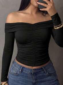 Dazy Plus Plus Size Solid Color Off Shoulder Ruched Fitted T-Shirt - Black - View 1