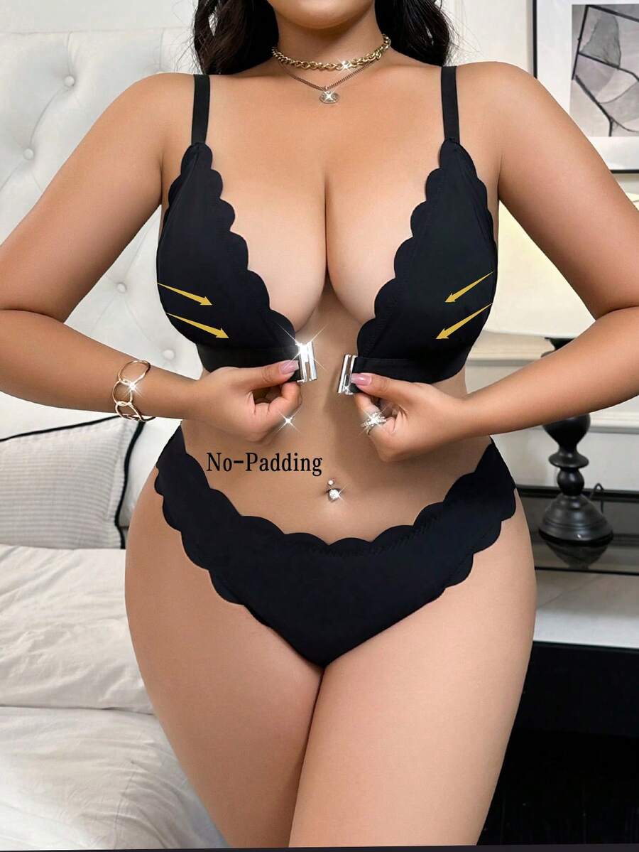 2 piezas Conjunto de lencería con cierre frontal inalámbrico y borde ondulado para tallas grandes - Negro - Ver 1