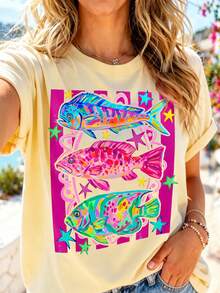 DrmWander Plus Size Round Neck Short Sleeve Tropical Fish Print T-Shirt For Summer Beach Light Yellow Tropical - Apricot - View 3