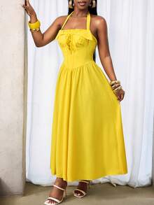 BamGleam Vestido de princesa con cordón ajustable y fruncido tipo halter para mujer de vacaciones - Amarillo - Ver 3