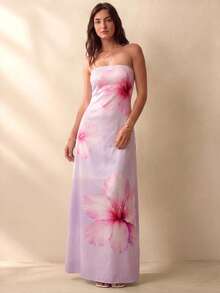 Willow Rêve Women's Pink Floral Bandeau Maxi Dress, Boho Style, Romantic Holiday Vibe, Suitable For Party, Prom, Valentine's Day - Mauve Purple - View 2