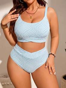 Swim Chiccia Women's Plus Size 2-Piece Textured Fabric Spaghetti Strap Triangle Bikini Set For Vacation Beach Blue And White Summer Sexy - Multicolor - View 6
