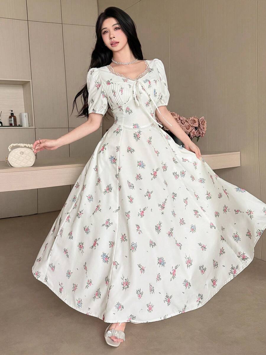 Feyla 女士甜美可爱碎花泡泡袖收腰度假连衣裙，夏季 - 白色 - 查看 1
