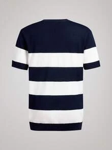 Officeau Camiseta de punto casual de cuello redondo y manga corta con parches de unicolor para hombre - Azul Marino - Ver 4