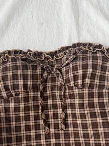 SHEIN Bộ 2 món áo camisole dệt jacquard vân nổi phối gấu bèo và chân váy skort dáng chữ A xếp tầng cho bé gái tuổi teen, trang phục thường ngày phong cách vintage đi chơi và du lịch mùa xuân hè - Màu Khaki - Xem 3