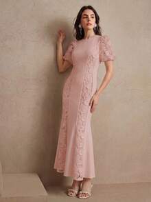 Anewsta Spring/Summer Round Neck Puff Short Sleeve Lace 3D Applique Elegant Romantic Fishtail Hem Women's Dress Tea Party Dusty Pink - Dusty Pink - View 6