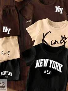 6pcs/Set Spring And Summer Clothes For Boys, Casual Fashion Creative Personalized Fresh Minimalist Fun Letter Slogan Crown Graphic Print Sporty Style Basic Short T-Shirt And Shorts Set, Comfortable Daily Wear, Cozy Summer Styles, Suitable For Spring And Summer Boys Outfits, Sets - Multicolor - View 4