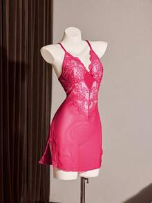 Slumberist Contrast Lace Side Slit Camisole Nightgown - Hot Pink - View 7