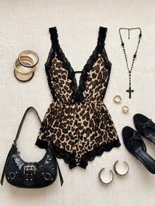 Spicy Aura Leopard Print Cami Lace Patchwork Backless Romper Lingerie - Multicolor - View 1
