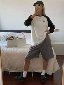 DAZY Letter Patched Colourblock Raglan Sleeve Tee - Black and White - View 12