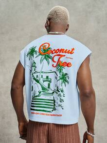 PAVTROS Men's Casual Letter & Coconut Tree Print Loose Fit Round Neck Tank Top, Summer, Holiday - Blue - View 6