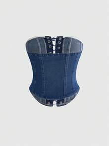 ROMWE Y2K Millennium Vintage Distressed Music Festival Sexy Lace-Up Bandeau Denim Top Swimming Pastal - Blue - View 2