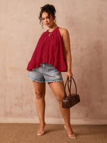 Slaydiva Elegant Red Halter Neck Ruffle Hem Tank Top For Women, Stylish Sleeveless A-Line Camisole For Spring And Summer, Minimalist Casual Vacation Outing - Red - View 9