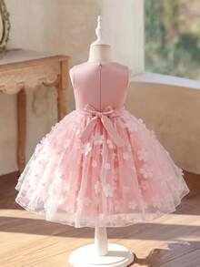 SHEIN Glamorique Kids Girls Princess Dress, Flower Girl, Birthday Party Wedding Holiday Dress, Satin Texture Fabric Sleeveless Pink 3D Flower Tulle Skirt With Back Tie Bow, Prom Dresses, Graduation Dresses, Summer Dress, Gorgeous Evening Gown - Pink - View 4