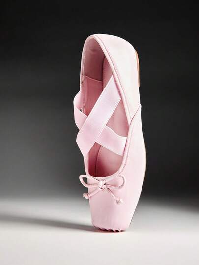 SHUZIA Women's Minimalist Elegant Bow Decor Square Toe Elastic Band Flat Shoes