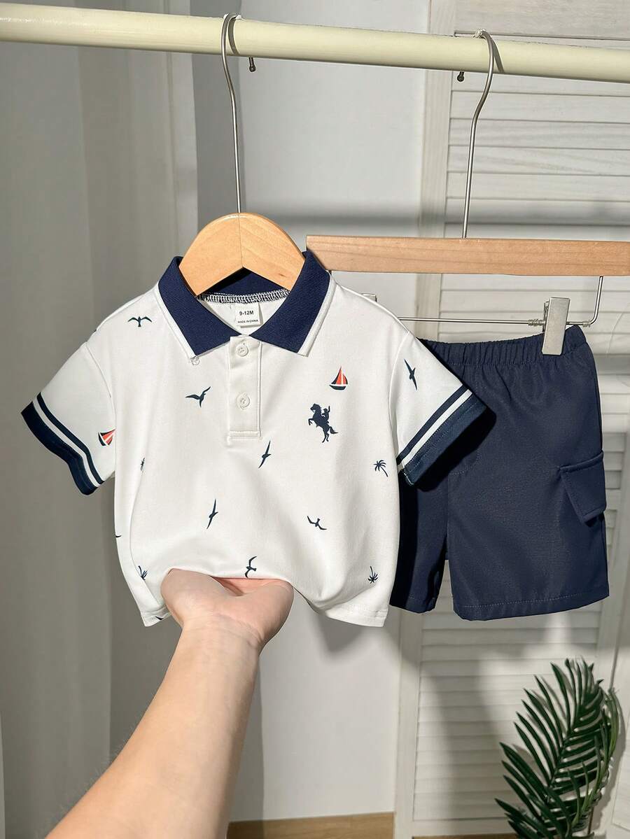 SHEIN 2件組男嬰可愛休閒條紋POLO衫 & 白色短褲套裝,適合生日派對、晚宴、表演、婚禮、嬰兒派對、1歲生日慶祝 - 彩色 - 查看 1