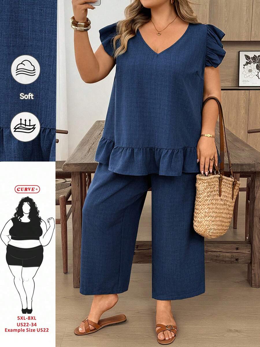 SHEIN CURVE+ 2件組大尺碼女款素色單排釦後短袖襯衫與長褲套裝 - 藍色 - 查看 1
