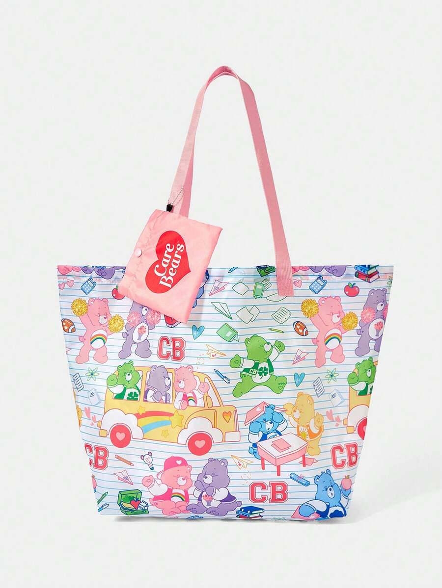 SHEIN X Care Bears 1件時尚輕便可折疊印花圖案托特包,購物袋,便攜式單肩包,卡片收納袋,適用旅行與購物等 - 條紋 - 查看 1