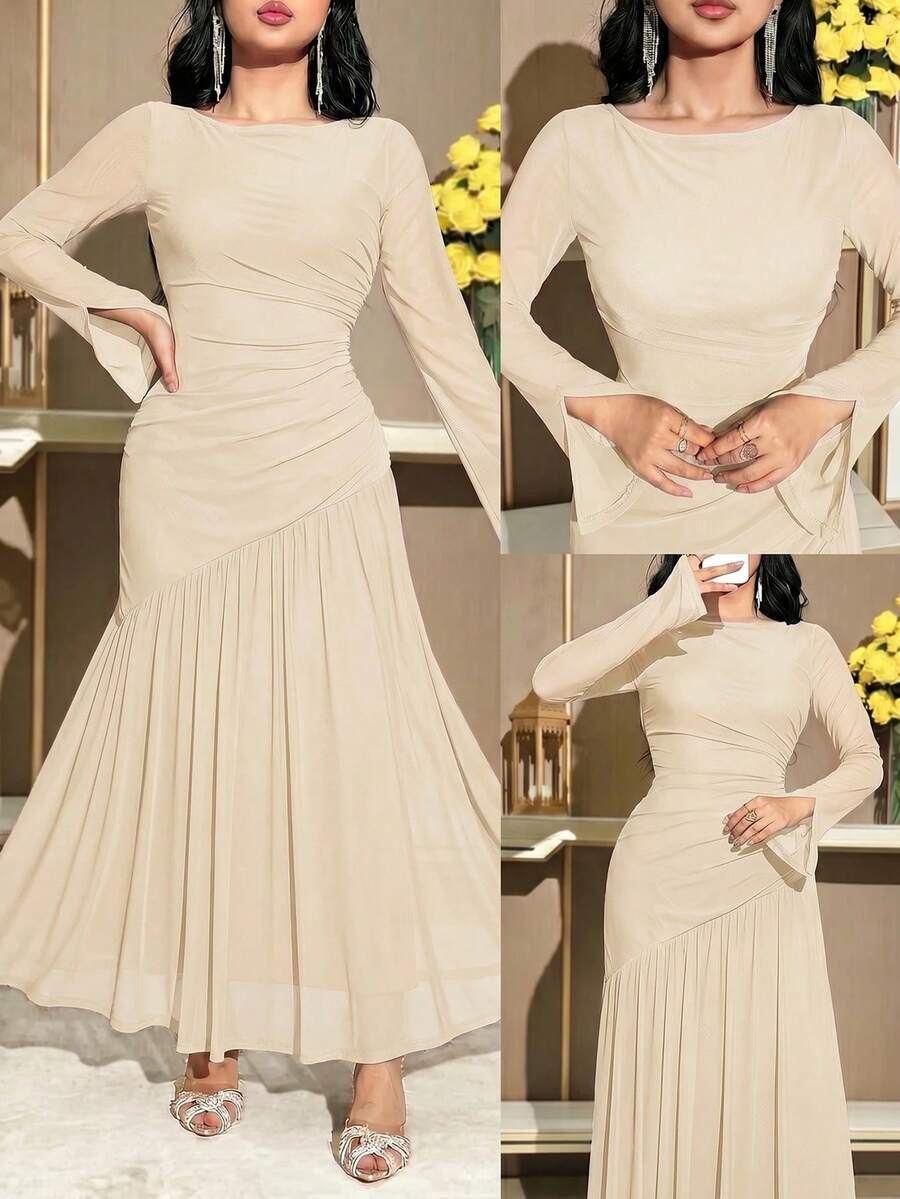 Feyla 女款素色圓領百褶長袖優雅長洋裝 - 杏色 - 查看 1