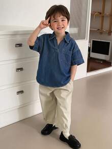 DAZY Turndown Collar Short Sleeve Loose Casual Outerwear Denim Shirt For Young Boys Summer - Dark Wash - View 1