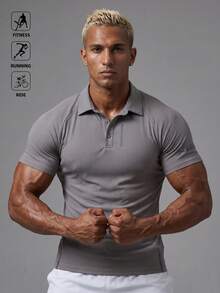 GymBeat Kaos Polo Olahraga Lengan Pendek Rajut Bergaris untuk Pria, Cocok untuk Kebugaran, Lari, Bersepeda, dan Gym - Grey - View 5
