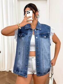 Lounesse Áo sơ mi denim nữ size lớn phối patchwork, đục lỗ, thêu, tay cánh, cài nút đơn - Màu xanh lam - Xem 6