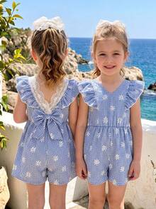 SHEIN Elladie kids Girls' Summer 2025 New Ditsy Floral Ruffle Cap Sleeve V-Neck Cinched Waist Back Bow Decor Open Back A-Line Pastoral Style Fashion Jumpsuit - Blue - View 5
