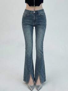 Joudiya Solid Slit Hem Flare Leg Jeans - Blue - View 9
