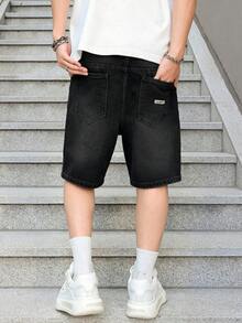 Manfinity EMRG 男士纯色复古休闲宽松牛仔短裤，夏季 - 黑色 - 查看 2