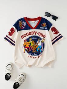 SCOOBY-DOO X SHEIN Kaos Lengan Pendek Leher V Motif Garis Huruf dan Blok Warna untuk Anak Laki-laki Remaja - DOO - MultiWarna - View 1