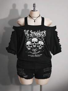 SHEIN ICON 女款大尺碼黑色夏季 Grunge 音樂會日常 Y2K 哥德龐克骷髏圖案鏤空破洞 2 合 1 T恤 音樂節 - 黑色 - 查看 3