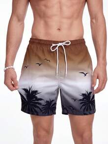 Manfinity KASUA Men's Ombre Graphic Print Slant Pocket Drawstring Waist Beach Shorts - Coffee Brown - View 4