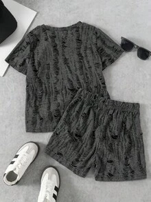 Young Boy T-Shirt Set Loose Straight Leg Basic Crew Neck Short Sleeve, Fabric With Distressed/Hollowed Out Texture Treatment, Asymmetric Wear, Frayed Edges And Hollowed Out Texture Make The Basic Dark Gray Fabric Instantly Have A Vintage Street Style, With A Brand Design Sense, Bottoms Are Loose Straight Leg Shorts, Shorts Also Continue The Same Style As The Top - Black - View 2