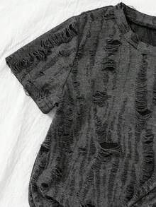 Young Boy T-Shirt Set Loose Straight Leg Basic Crew Neck Short Sleeve, Fabric With Distressed/Hollowed Out Texture Treatment, Asymmetric Wear, Frayed Edges And Hollowed Out Texture Make The Basic Dark Gray Fabric Instantly Have A Vintage Street Style, With A Brand Design Sense, Bottoms Are Loose Straight Leg Shorts, Shorts Also Continue The Same Style As The Top - Black - View 4
