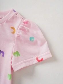 CoComelon X SHEIN 1件可愛休閒風女嬰洋裝，圓領泡泡袖舒適洋裝，Cocomelone 聯名女嬰洋裝 - 彩色 - 查看 5