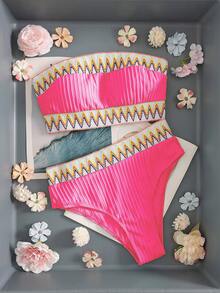 Swim Vcay Women's Vacation Beach Wave Pattern Colorblock Webbing Print Random Bandeau Top And Triangle Bikini Bottom Swimsuit Set - Hot Pink - View 6