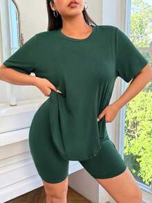 SHEIN EZwear 4pcs Plus Size Solid Color Set - 2 Short Sleeve Tops + 2 Knee Length Shorts - Dark Green - View 4