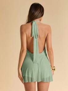 SHEIN BAE Sage Green Spaghetti Strap Backless Ruffle Hem Mini Dress For Women, Elegant Summer, Vacation, Sexy, Outing, Date Night Out, Valentine's Day Outfit - Mint Green - View 2