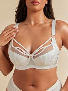 SHEIN BAE CURVE 1 件加大码优雅提花对比网眼钢圈文胸交叉文胸可爱文胸，提升 - 白色 - 查看 6