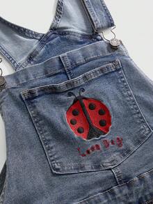 ROMWE Fairycore Plus Size Casual Countryside Versatile Cute Beetle Embroidered Denim Jumpsuit - Blue - View 2