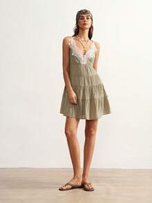 Bohemela Casual Solid Color Woven Loose Fit Women Mini Slip Dress - Olive Green - View 7