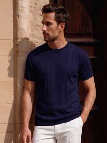 Officeau Men's Solid Color Short Sleeve Knit Vertical Striped Crew Neck Top - Navy Blue - View 10