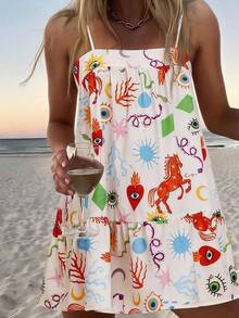 Travachic Vestido con volantes en el bajo con estampado geométrico y de caballos, versátil para mujer - Multicolor - Ver 2