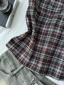 Blusas para niñas preadolescentes con hombros descubiertos y volantes, top a cuadros, top lindo, marrón - Marrón - Ver 7