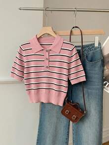 SHEIN EZwear Top de punto a rayas casual para mujer, estilo vintage americano, top de punto universitario americano - Multicolor - Ver 2