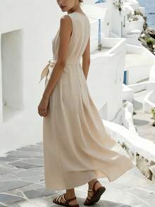 Breezaya Đầm không tay cổ chữ V thắt eo bằng vải lanh Pháp - Màu Khaki - Xem 2