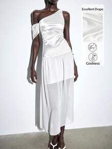 Lumivelle Women's New Cold Shoulder One-Shoulder Dress With Patchwork Pleated Mesh Hemline, Suitable For Vacation, Date, Party, Wedding - White - View 8