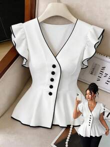 Elenzga Plus Size Elegant Commuting Outerwear Black Contrast Trim Cap Sleeve Shirt - White - View 1