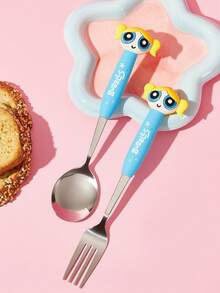 THE POWERPUFF GIRLS X SHEIN 可愛卡通愛心造型銀色2件組餐叉匙套組 餐具 情人節 - 藍色 - 查看 1