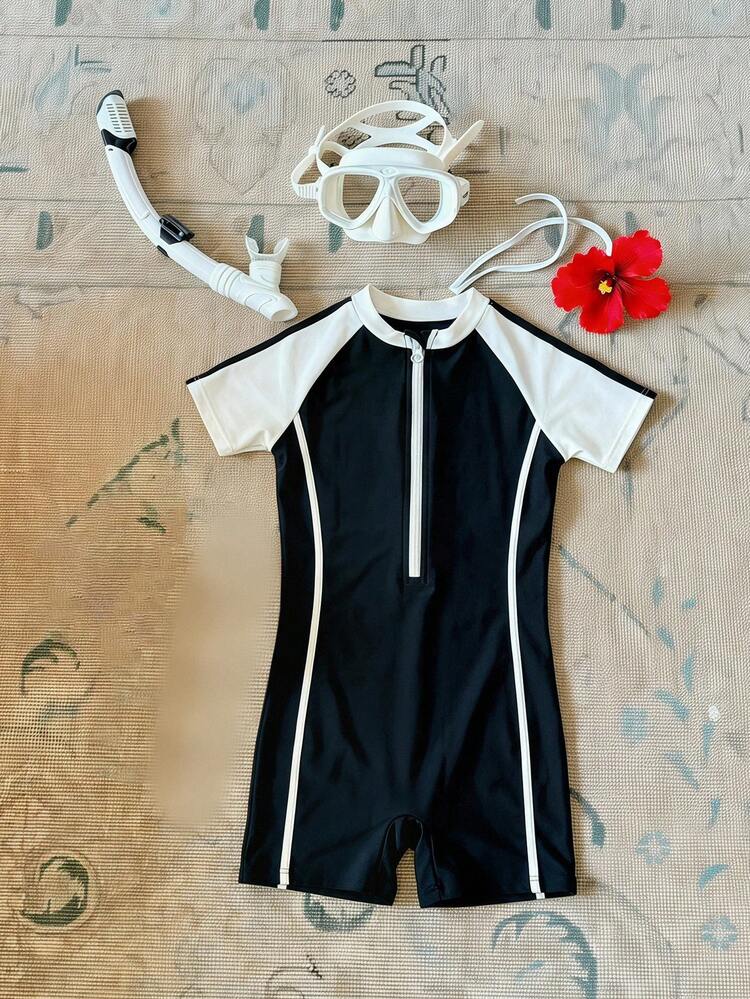 Short Sleeve Color Block One-Piece Swimsuit For Young Girls